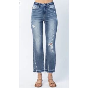 Judy Blue 7/28 High Rise Released Hem Straight Leg Ankle Distressed Denim Jeans
